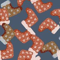 Random seamless pattern with red snowflakes ornament gift socks. Blue pastel background. vector