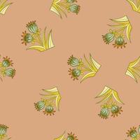 Yellow and green bell flowers silhouettes random seamles spattern in pastel tones. Pink pale background. vector