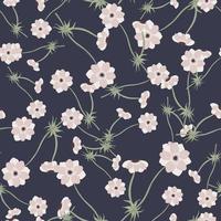 Nature seamless pattern with random little pink anemone flowers print. Navy blue dark background. vector