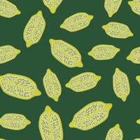 Random seamless doodle pattern with yellow lemons ornament. Green background. vector