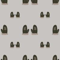 Decorative seamless pattern with knitted mittens shapes. Brown accessories on grey background. vector