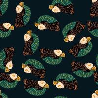 Dark random seamless pattern with black and green colored puffin bird print. Navy blue background. vector