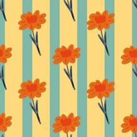 Doodle orange flowers silhouettes seamless spring time pattern. Bright print. Blue and orange striped background. vector