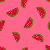 Summer fresh seamless pattern with bright red watermelon slice ornament. Pink background. Summer ornament. vector