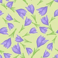 Spring botanic seamless pattern with random blue crocus flower. Light green background. vector