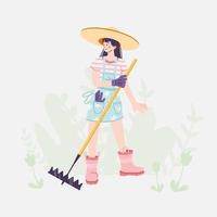 Girl working in the garden or farm. A young woman takes care of plants and vegetables. Hand draw illustration in cartoon style. Gardening concept. Vector