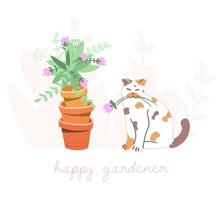 Cute spring card with a cat. Gardening concept. Animal in the garden. Hand draw illustration in cartoon style with lettering - happy gardener. Vector