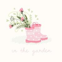 Cute spring card with a bouquet of flowers and rubber boots. Gardening concept. Hand draw illustration in cartoon style with lettering - in the garden. Vector