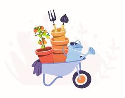 Cute illustration with wheelbarrow and garden tools. Caring, working and growing plants. Gardening concept. hand drawn cartoon style. Vector