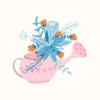 Cute spring card with a watering can and a bouquet of flowers. Gardening concept. Hand draw illustration in cartoon style. Vector