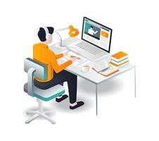 Man making work concept in front of computer with tutorial vector