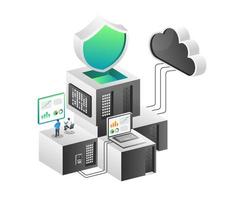 Isometric illustration concept. Network server data analysis team flow vector