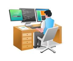 Isometric illustration concept. man typing programming language for web application vector