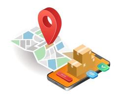 Isometric illustration concept. smartphone map application to deliver goods vector