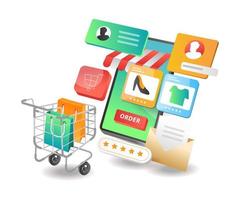 Isometric illustration concept. Online shopping e-commerce smartphone app vector
