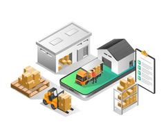 Isometric illustration concept. Expedition warehouse application delivering goods vector