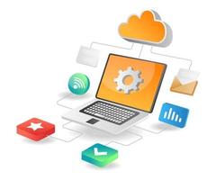 Illustration isometric concept. Cloud server data network working process vector