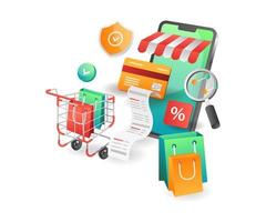 Illustration isometric concept. List of online shopping data in the cart vector