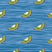 Minimalistic decorative seamless pattern with green kiwi slice ornament. Blue striped background. vector