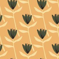 Seamless doodle summer pattern with green flowers silhouettes and yellow twigs. Orange pastel background. Creative design. vector