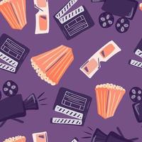 Creative cartoon seamless pattern with doodle flat popcorn, camera, 3d glasses and clapperboard elements. Purple background. vector