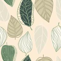 Random spring seamless pattern with doodle leaves elements. Pastel palette foliage artwork. Light pink background. vector