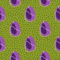 Modern seamless food pattern with purple contoured plum elements. Green dotted background. Fresh natural fruits print. vector