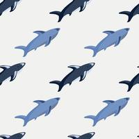 Animal seamless pattern with diagonal blue shark elements. Pastel grey background. Ocean zoo backdrop. vector