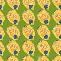 Bright seamless pattern with bright yellow butterfly fish print. Green background. Tropic animal print. vector