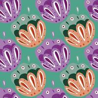 Purple and orange colored folk flowers elements seamless pattern. Turquoise background. Vintage backdrop. vector