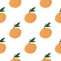 Isolated seamless food pattern with mandarins ornament. Simple orange fruit shapes with green leaves on white background. vector