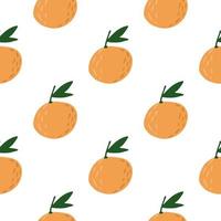 Isolated seamless food pattern with mandarins ornament. Simple orange fruit shapes with green leaves on white background. vector