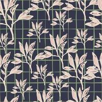 Random seamless pattern with doodle hand drawn branches. Pink light foliage on dark chequered background. vector