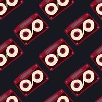 Cassette doodle seamless pattern. Simple diagonal music print with maroon ornament and black background. vector