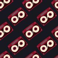 Cassette doodle seamless pattern. Simple diagonal music print with maroon ornament and black background. vector