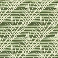 Doodle seamless exotic pattern with light fern leaf silhouettes. Green striped background. Simple foliage branches print. vector