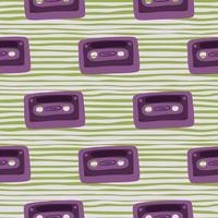 Purple cassette doodle seamless pattern. Disco print on green stripped background. Hipster print. vector