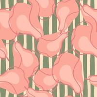 Creative food seamless pattern with random pink pears silhouettes, Grey striped background. Modern print. vector