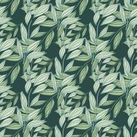 Green tones seamless doodle pattern with outline leaves ornament. Stylized botanic print. vector
