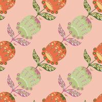 Spring folk style seamless pattern with green and orange flower buds ornament. Light pink background. vector