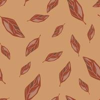 Random autumn seamless pattern with doodle brown leaf elements. Beige background. vector