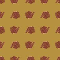 Doodle seamless clothing pattern with knitted pale maroon sweater ornament on ocher background. vector