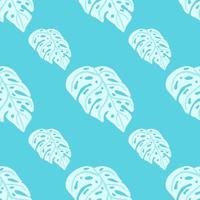 Abstract bright seamless pattern with simple light monstera shapes. Blue bright background. Tropic backdrop. vector