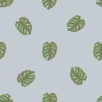 Seamless pattern with doodle monstera ornament print. Blue background. Green ornamental botany print. vector