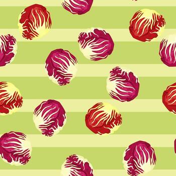 Seamless pattern Radicchio salad on light stripe background. Abstract ornament with red lettuce. vector