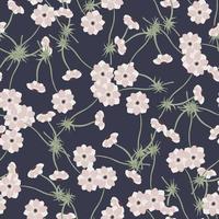 Decorative seamless pattern with random pink anemone flowers ornament. Navy blue background. vector