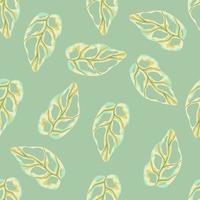 Seamless doodle pattern with simple monstera yellow shapes. Light green background. Tropical palm foliage artwork. vector