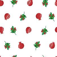 Little branches and pomegranate silhouettes seamless pattern. Red and green bright ornament on white background. vector