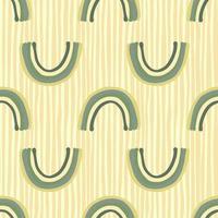 Pastel green rainbow silhouettes seamless doodle pattern. Simple print in scandinavian style with beige striped background. vector