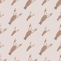 Pale seamless doodle pattern with beige lobster ornament. Grey pastel chequered background. Minimalistic print. vector